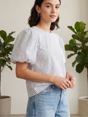 Free Market Blue & White Vertical Stripe Balloon Sleeve Top M